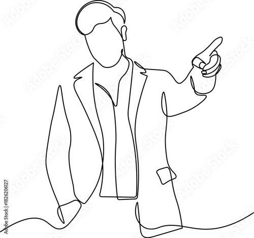Businessman Pointing Forward. Half body Continuous Line Illustration of Professional Leadership, Direction, and Guidance