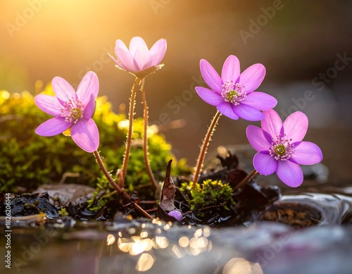 Four delicate purple flowers illuminated by the golden light of the sun
