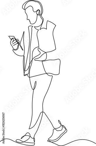 Man Walking While Using Smartphone. Continuous Line Illustration of Modern Mobile Lifestyle and Digital Communication