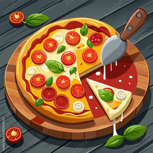 pizza with salami and tomatoes