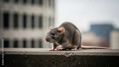Fototapeta Naklejka Na Ścianę i Meble -  Gray mouse looking alert on a concrete urban surface with cityscape in the background. Pest control concept and city animal life.