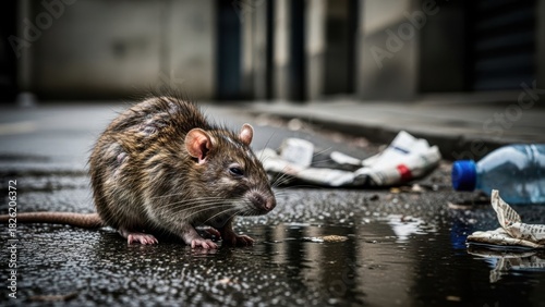 Fototapeta Naklejka Na Ścianę i Meble -  Disease Rat on wet street seeking food near litter. Urban pest control and hygiene concept. Wildlife in city environment.