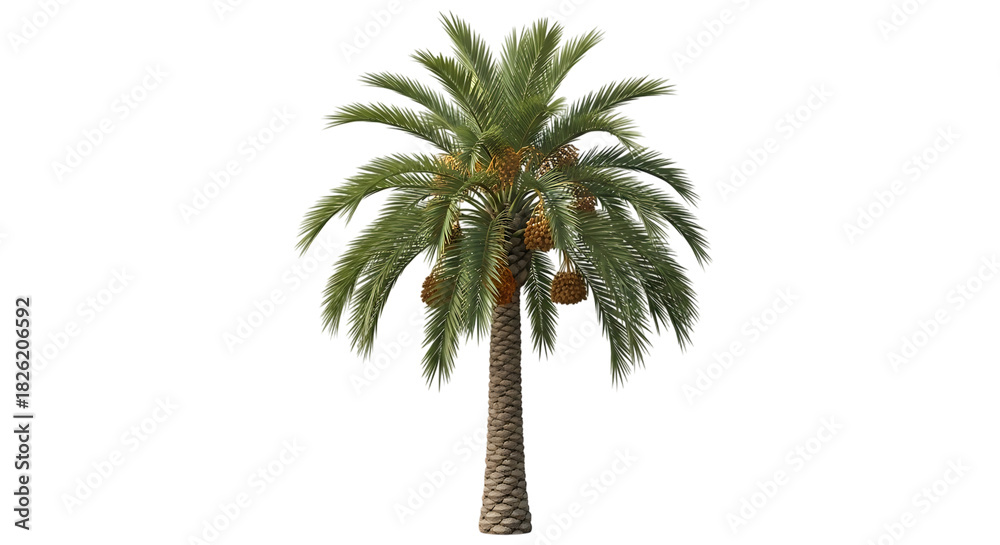 Obraz premium A mature date palm tree with clusters of ripening brown dates and lush green fronds, isolated on a transparent background, cutout, PNG
