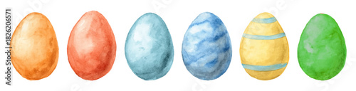 Watercolor set of Easter eggs. Colorful painted eggs with ornament. Easter symbol. Easter hand drawn cliparts. Happy Easter. Vector illustration.