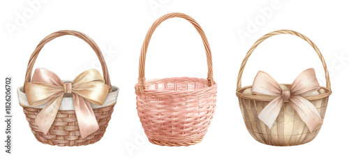 Set of watercolor pastel baskets. Pink vintage baskets decorated with a bow. Retro baskets on an isolated background. Elements for Easter, flowers, etc. Vector illustration.