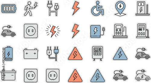Collection of electric vehicle charging and power icons with batteries plugs and charging stations