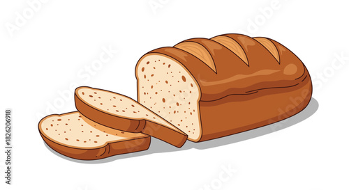 A loaf of bread with two slices cut and placed in front on a white background.