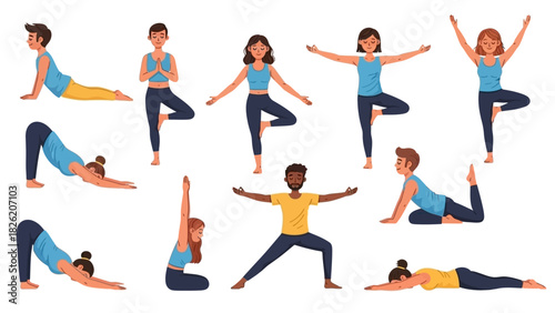 Diverse People Practicing Yoga Poses Vector Illustration of Wellness and Fitness