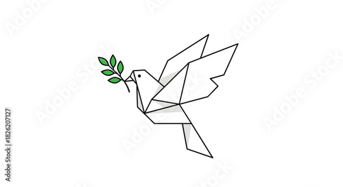 Origami dove with a green olive branch in its beak, symbolizing peace.