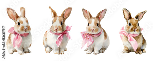 Watercolor Easter bunny set with pink bows and cute rabbit illustrations, perfect for nursery cards, baby shower designs, and spring celebration projects.