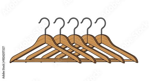 A row of five wooden hangers with black hooks are neatly arranged on a white background.