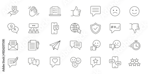 Feedback, rating outline icon set. customer experience and review linear icons collection. Review icon set. Containing Feedback, testimonial, ratings, comment, like, satisfaction, evaluation, survey.
