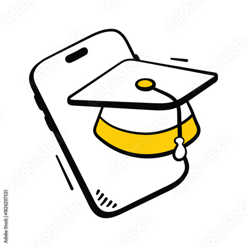 Smartphone with graduation cap, concept doodle icon of online education