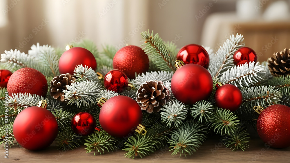 Fototapeta premium Festive Christmas garland with red ornaments and pine cones on a wooden surface