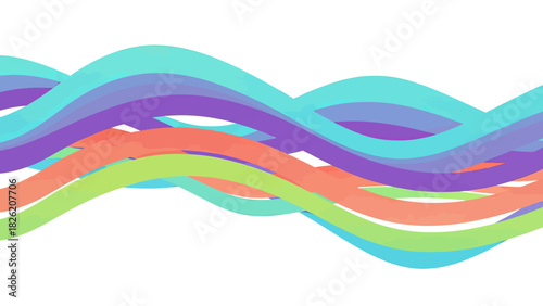 Abstract colorful wavy lines flowing horizontally across a white background.