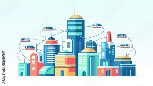 Futuristic Smart City with Connected Buildings and Flying Vehicles.