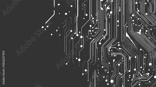 White circuit board lines and dots on dark gray background technology electronic