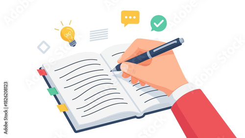 Writing A Story Or Note In A Book With Creative Ideas And Communication Icons