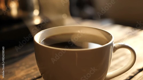 Steaming Hot Coffee Cup on a Wooden Table in Warm Morning Light.