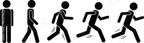 Five black stick figures in sequence showing progression from standing to running