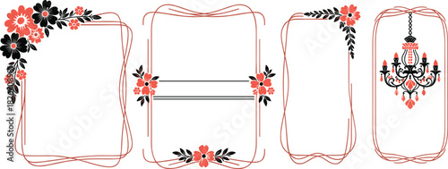 Floral decorative frames and a chandelier illustration with coral and black accents