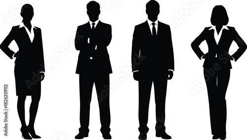 Four black silhouette business people standing against white background woman