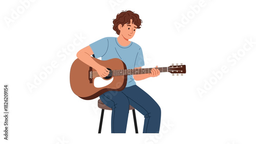 A young man playing an acoustic guitar, person with curly hair, isolated on white background