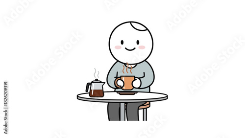 A cheerful person enjoying a warm drink at a table with coffee pot