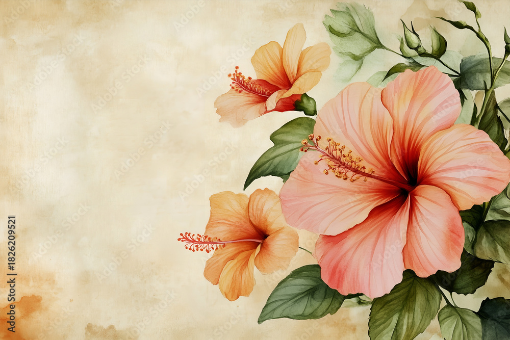 Naklejka premium Vintage Hibiscus Flower Background With Old Paper Texture