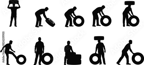 Silhouettes of men interacting with car tires in various poses and actions vector