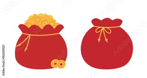 Red lucky bag filled with gold ingots element set.
Chinese New Year Money Pocket flat Vector illustration.
White Background .