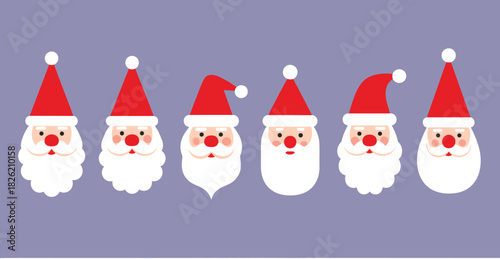 Six cartoon Santa Claus faces with red hats and white beards on a purple background