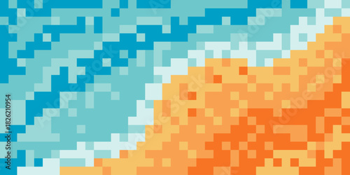 Abstract background of blue sea beach waves seen from above with pixel art
