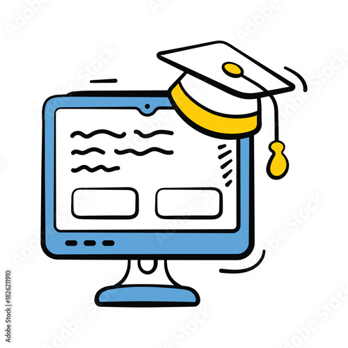 Graduation cap on computer denoting elearning, digital classes and virtual education doodle style icon