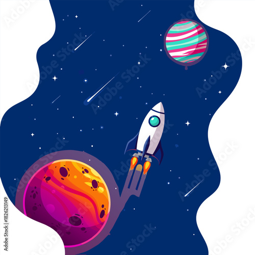 A vibrant vector illustration of a cartoon rocket ship soaring through outer space on an interstellar journey past colorful planets and shooting stars