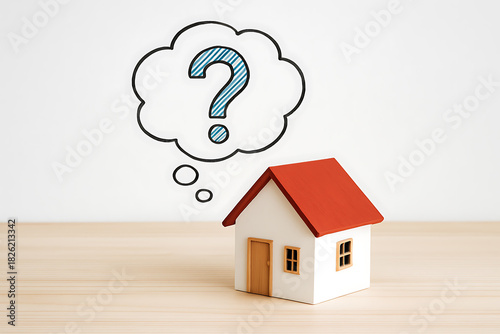 Real estate housing problem concept with model home and question sign representing uncertainty doubt decision and property investment issues