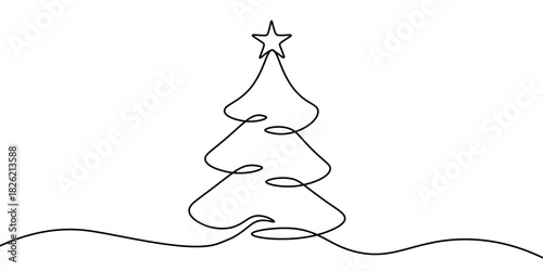 Continuous one line of Christmas tree, isolated on a transparent background. Hand drawn line art. Editable stroke. Best for winter, New Year or Christmas designs. PNG and Vector illustration