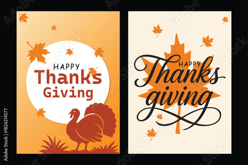 Two thanksgiving card designs featuring fall leaves a turkey and elegant calligraphy lettering high quality professional
