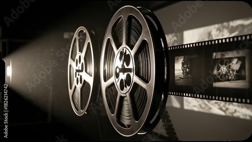 Vintage Film Projector Reels Showing Classic Cinema Footage.