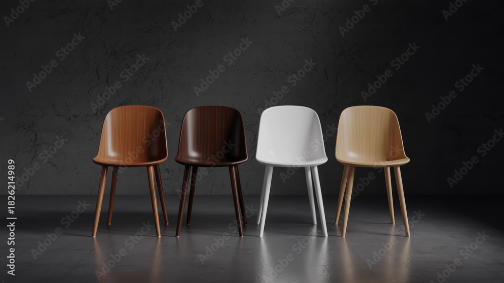 Obraz premium Four modern dining chairs in wood tones and white arranged in a row against a dark textured wall 1