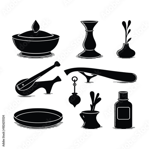 Set of vector kitchen utensils and cooking icons, including cup, coffee pot, spoon, fork, pan, glass, knife, and restaurant dish sign silhouette design illustration