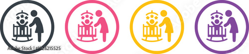 baby, care, icon, family, child, mother, parent, nursery, crib, mobile, rocking chair, silhouette, circle, dark gray, pink, yellow, purple, set, collection, symbol, illustration, graphic, design, simp