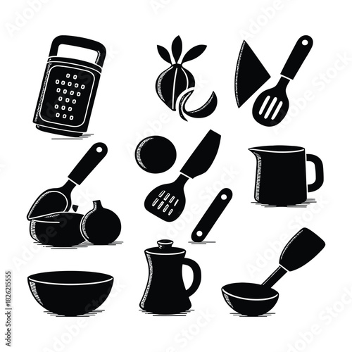 Kitchen utensil vector icon set of cooking tools for chef illustration