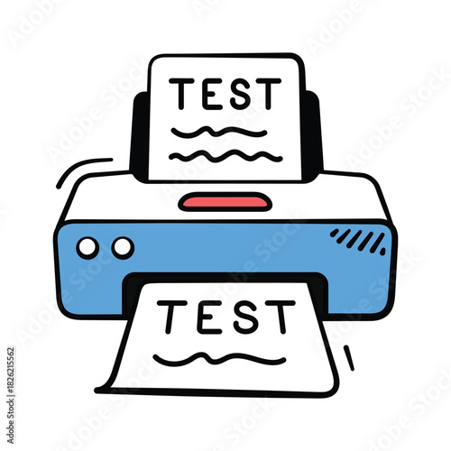 Doodle style illustration of printing machine printing test papers