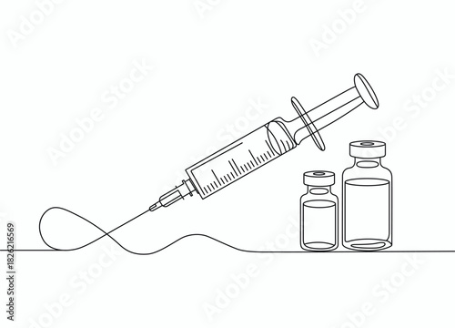 Minimalist Line Art of Syringe and Vaccine Vials Illustrating Vaccination Concept and Medical Treatment