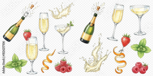 Watercolor illustration set of champagne bottles, glasses, and garnishes with splashes, perfect for celebrations and festive occasions.