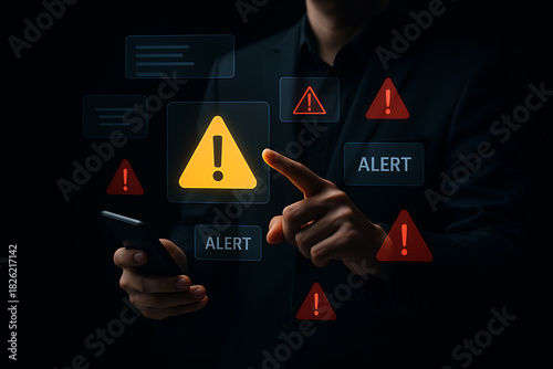 Futuristic interface showing multiple alert icons with businessman analyzing critical warning signs on secure digital technology screen