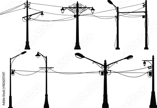 Streetlight silhouette, utility pole design, urban lighting structure, electrical line network, public infrastructure, flat vector
