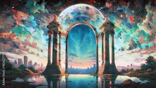 ゲーム背景　夜空に輝く未来的ワープ門がある夜明け風景