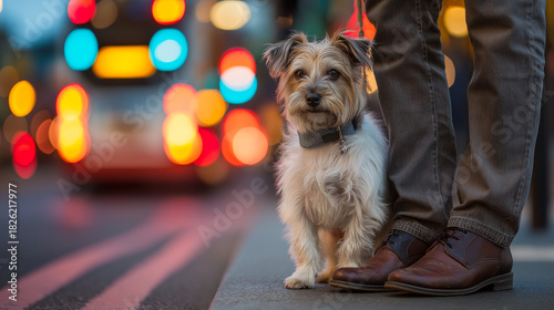 Fototapeta Naklejka Na Ścianę i Meble -  Waiting for the Walk A small, endearing dog, on a leash, stands patiently by its owner's feet, eagerly anticipating their walk on a city street, illuminated by a blurred array of bokeh lights.